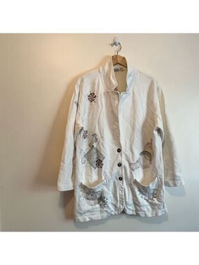 Chico’s Women's White Jacket cardigan blazer oversized bulky tribal motifs